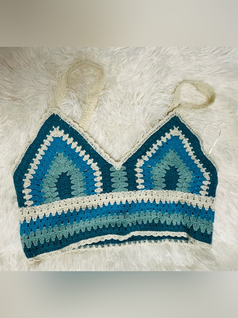 Rebellion Again Crochet Knit Crop Top NWOT Teal & Cream Granny Core Women’s MED